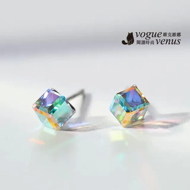 【維克維娜】七彩方塊水晶925純銀耳環