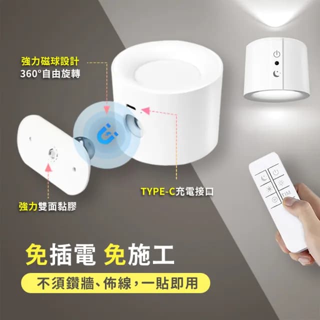 【gin gin】免施工 免鑽孔 LED 遙控 壁燈 輕量/投射_兩款可選(LED燈 磁吸燈 夜燈 閱讀燈 交換禮物)