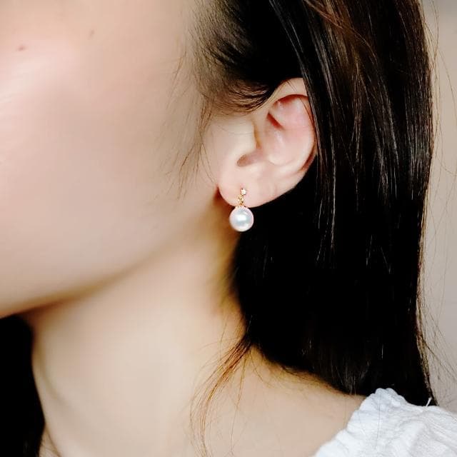 【City Diamond 引雅】18K日本AKOYA珍珠7-7.5MM黃K金鑽石短掛耳環(東京Yuki系列)