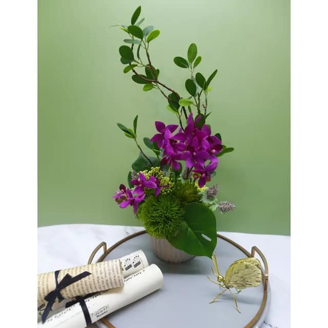 【HUGO DECO 榆果傢飾】雅緻桃紅蝴蝶蘭榕枝香氛花禮(擬真植物/人造盆栽/綠化/佈置/禮物)