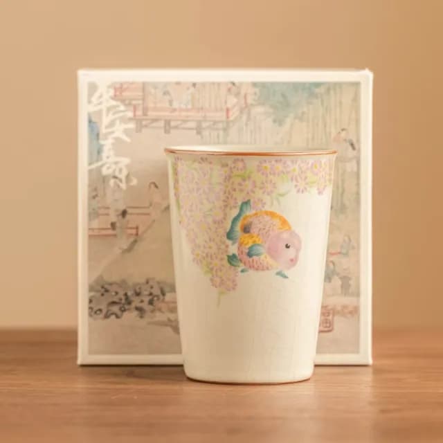 【金魚喝】高檔陶瓷金魚汝窯茶杯(功夫茶杯 茶具 沖茶 茶器 公道杯 牛奶杯 咖啡杯 冷飲杯 早餐杯 禮物)