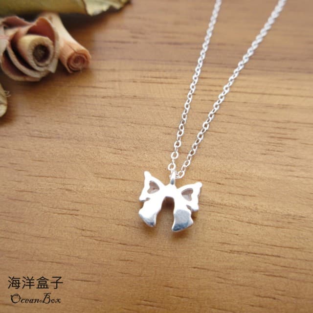 【海洋盒子】甜美可愛立體蝴蝶結鋯石999足銀純銀項鍊(女用短鍊)