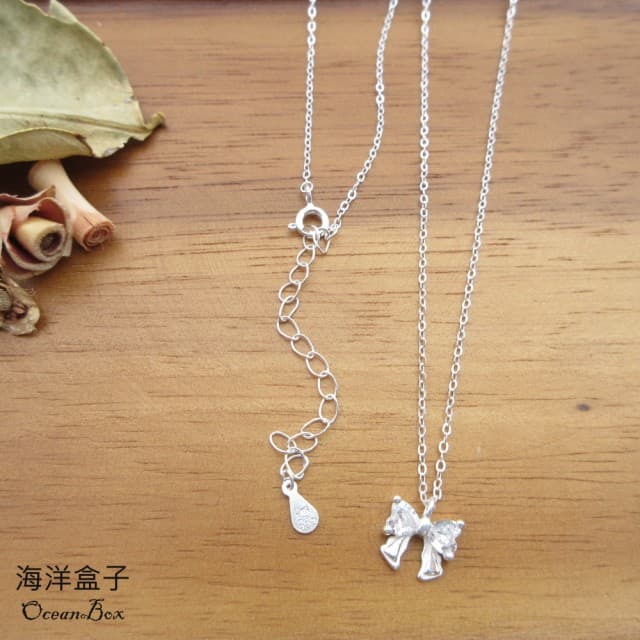 【海洋盒子】母親節禮物 甜美可愛立體蝴蝶結鋯石999足銀純銀項鍊(女用短鍊)