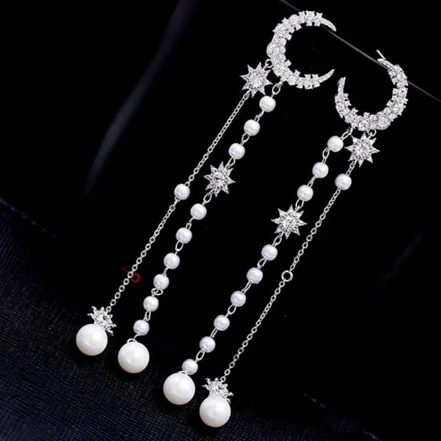 【VERDNIA】銀月星辰垂墜長形耳環 仿真珍珠浪漫優雅設計款 10.8 cm(銀色)