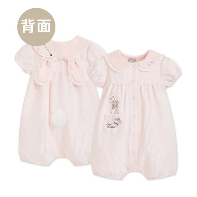 【奇哥】比得兔 女童裝 花漾比得粉白條紋小兔子短袖兔裝/連身衣(3-18個月)