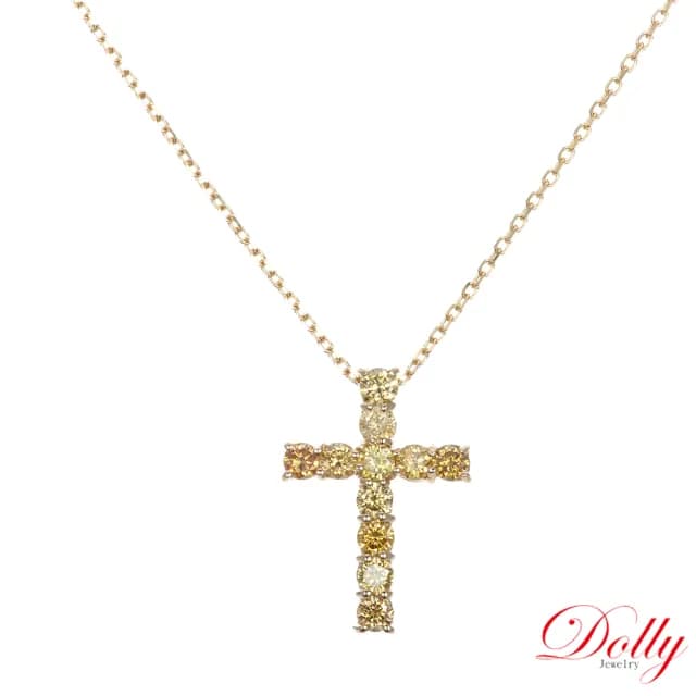 【DOLLY】0.70克拉 天然鑽石黃彩鑽18K金十字架項鍊-003(母親節 長輩送禮 交換禮物首選)