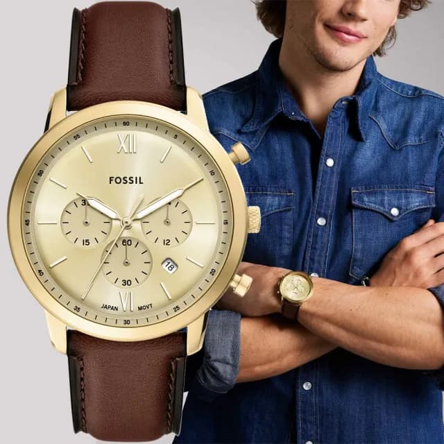 【FOSSIL】Neutra 復古紳士計時手錶-咖啡x金/44mm 禮物 送禮 推薦(FS6113)