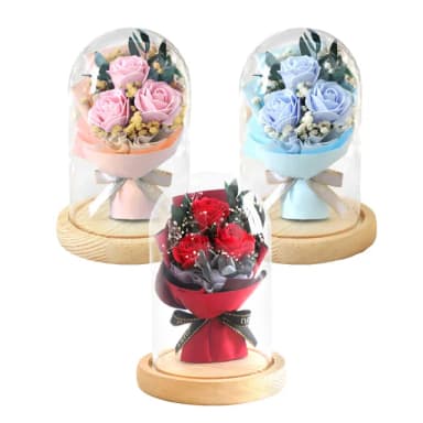 【VENCEDOR】3朵玫瑰 玻璃罩花束+帶 小燈飾(永生花 小夜燈 情人節 禮盒 送禮 生日禮物 畢業禮物)