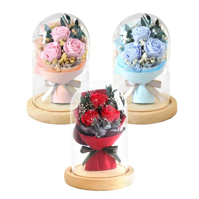【VENCEDOR】3朵玫瑰 玻璃罩花束+帶 小燈飾(永生花 小夜燈 情人節 禮盒 送禮 生日禮物 畢業禮物)