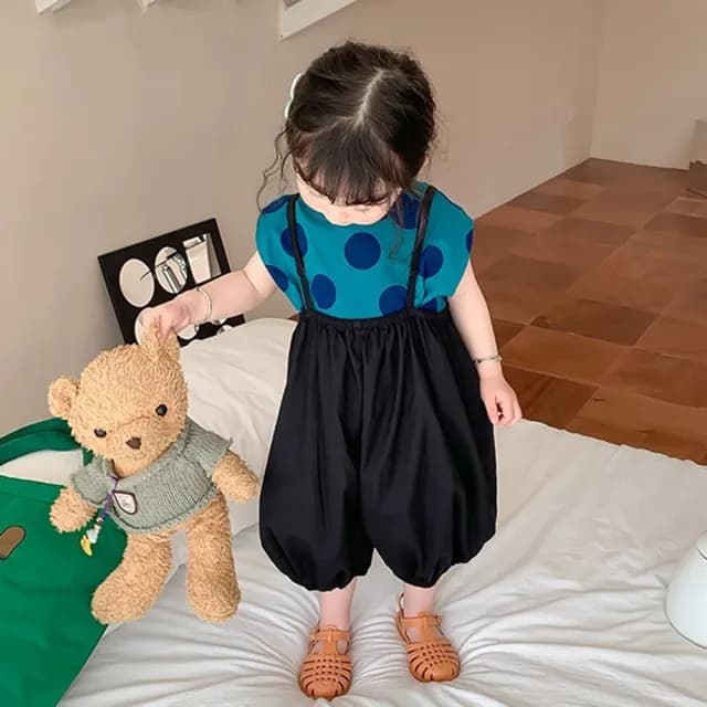 【橘魔法】藍綠點點背心+澎澎吊帶燈籠褲 套裝(褲子 七分褲 兒童 女童 童裝)