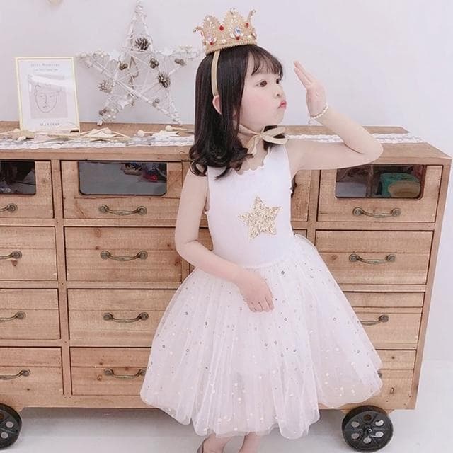 【橘魔法】無袖星星亮片小花蝴蝶挺紗裙洋裝(連身裙 澎澎裙 連身洋裝 連衣裙 紗裙 女童 兒童 童裝)