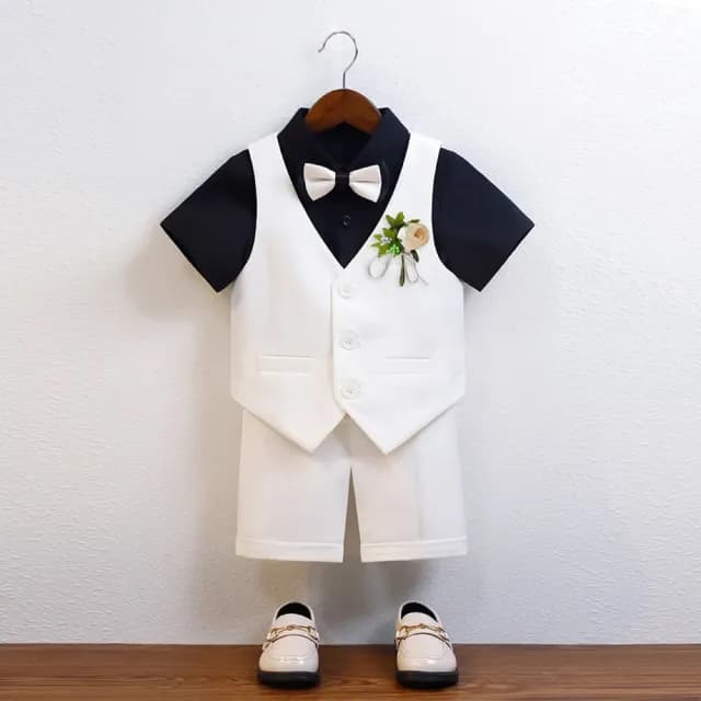 【橘魔法】純白西裝短褲+短袖襯衫+胸花別針+領結 套裝(5件套 男童 花童 畢業典禮 正裝 兒童 童裝)
