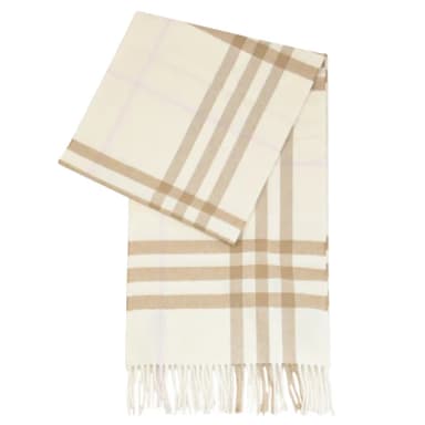 【BURBERRY 巴寶莉】英系經典格紋100%喀什米爾羊毛披肩長圍巾(米白棕)