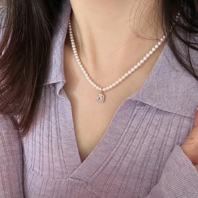 【Penny珮妮】方糖鋯石珍珠項鍊毛衣鍊(母親節 送女友 交換禮物 生日禮 情人節 尾牙 新年 結婚)