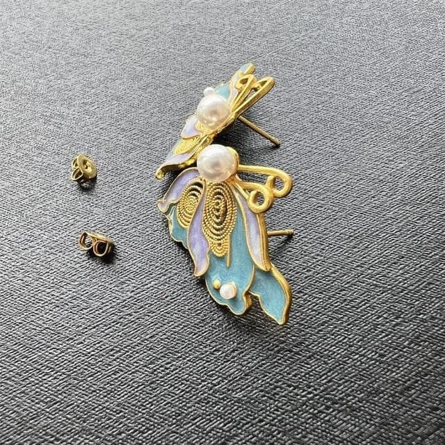 【Penny珮妮】手工越南沙金銀鎏金花絲琺瑯蝴蝶耳釘(母親節 送女友 交換禮物 生日禮 情人節 尾牙 新年 結婚)