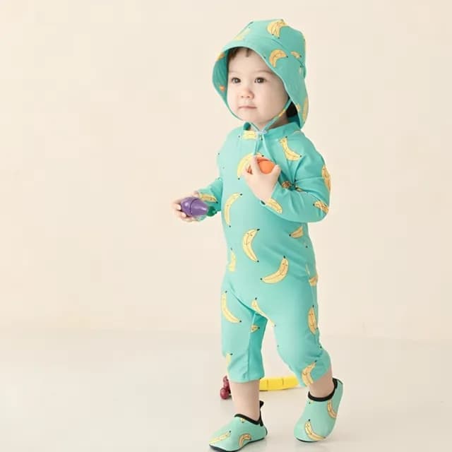 【Baby 童衣】兒童水果印花長袖防曬泳衣+遮陽帽套裝組 嬰幼兒可愛動物印花泳裝 88879(共６款)