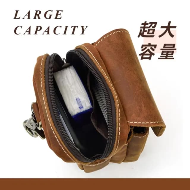 【休閒時尚】父親節禮物 真皮 真牛皮復古雙拉鍊男士腰包(真皮包包 手機包 男包 腰掛包 大容量 多口袋 錢包