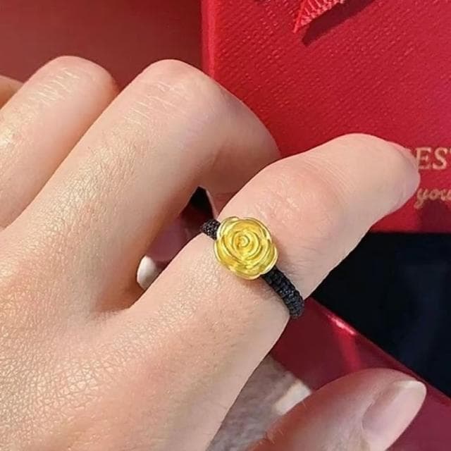 【Penny珮妮】黃金999玫瑰花編繩可調節指環戒指2色可選(母親節 送女友 交換禮物 生日 情人節 尾牙 新年)