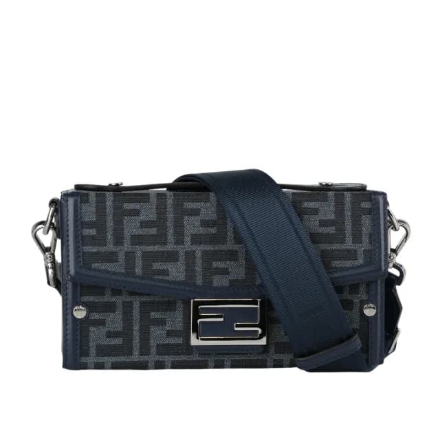 【FENDI 芬迪】Soft Trunk FF Logo 緹花拼皮革二用包(牛仔藍)