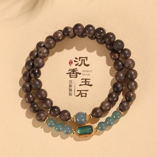 【Paiya 派亞】7mm雙圈沈香木串珠手鏈女中國風文藝複古925銀鍍金藍水翡翠手串首飾(送禮好物/交換禮物)