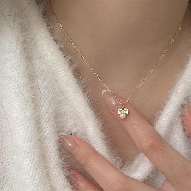 【MoonDy】項鍊 女生項鍊 925純銀項鍊 韓版項鍊 簡約ins風 蝴蝶結 通體純銀 鎖骨鍊 珍珠項鍊 禮物 322
