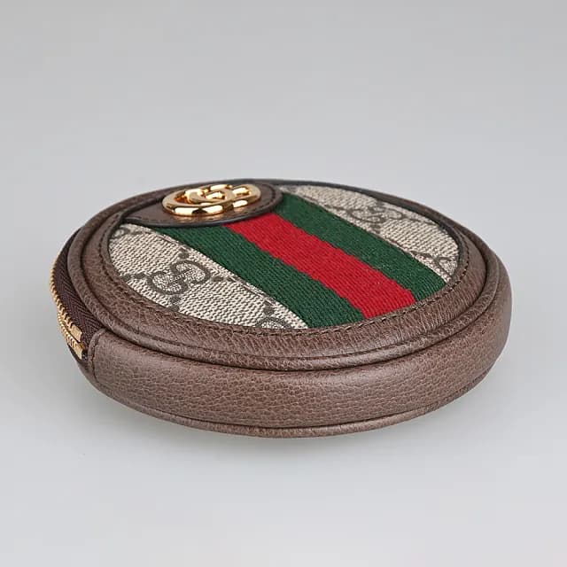 【GUCCI 古馳】GUCCI OPHIDIA經典金字LOGO綠紅線條設計Supreme帆布邊飾皮革拉鍊頸掛零錢包(迷你/米x深棕)