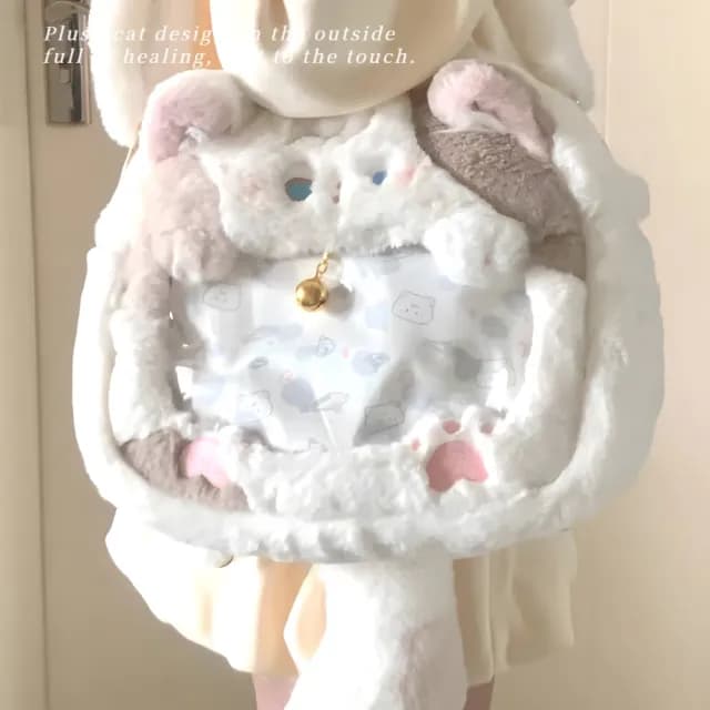 【喵喵妹】父親節禮物 毛絨可愛貓咪二次元透明痛包(後背包 穿搭配件 娃包 書包 肩背包 雙肩包 兒童 生日 交