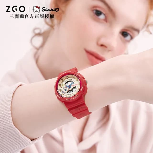 【HELLO KITTY】凱蒂貓紅色雙顯視窗運動防水電子錶(多功能手錶 兒童 學生 手錶 平輸品)
