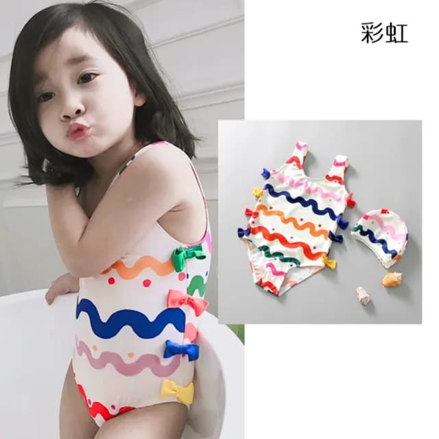 【橘魔法】彩虹 大點點 格子連身泳衣+附泳帽(一件式 泳裝 泳衣 女童 童裝 兒童)