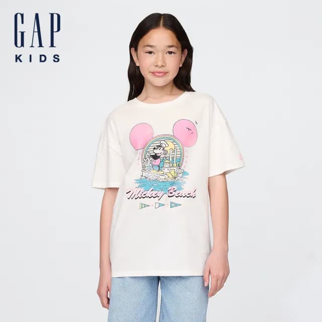 【GAP】女童裝 Gap x Disney迪士尼聯名 Logo純棉印花圓領短袖T恤-白色(780429)