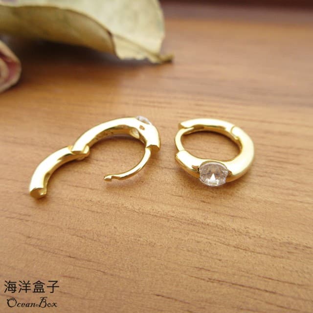 【海洋盒子】經典簡約亮面金色.白金單鑽針式925純銀易扣耳環(外鍍專櫃級正白K.精緻鍍金.圈圈耳