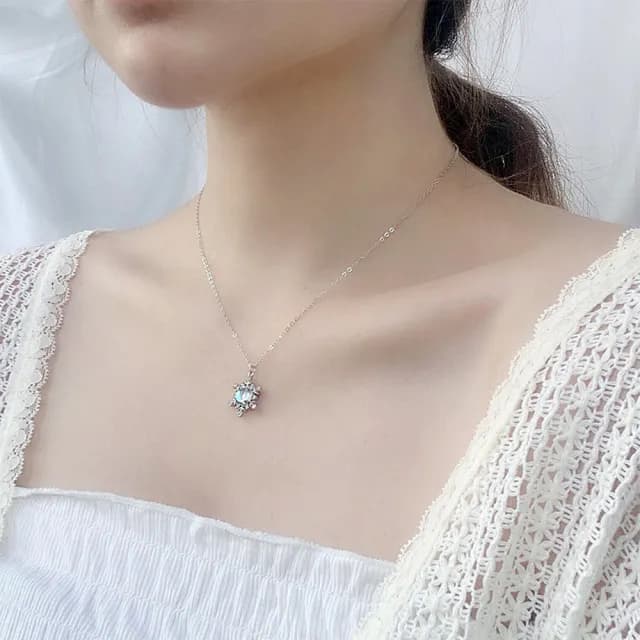 【LEEHER】925純銀/月光石/項鍊/女生項鍊/雪花項鍊/吊墜/韓版/小清新/頸鏈/鎖骨鏈/高級感/毛衣