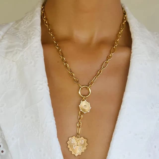 【ELLIE VAIL】邁阿密防水珠寶 鑲鑽愛心X光芒太陽雙墜項鍊 金色Y字鍊 Nikita Toggle(防水珠寶)