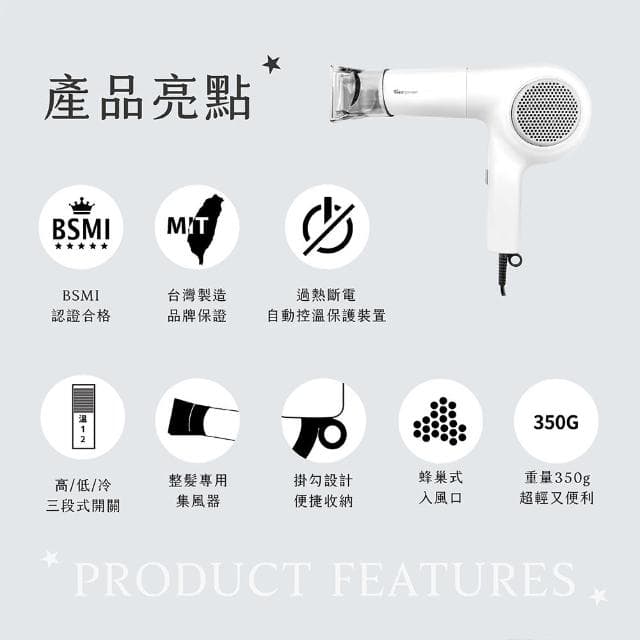 【Romeo羅蜜歐】輕巧型三段溫控吹風機(掛勾設計/蜂巢式入風口)
