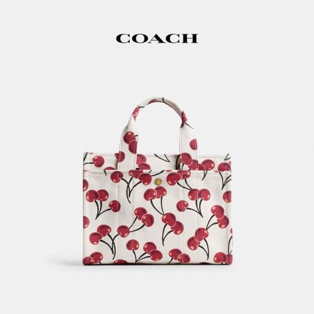 【COACH】蔻馳官方直營 CARGO 櫻桃印花26號托特手袋-B4/粉筆白色 混合色(CY935)