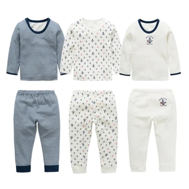 【橘魔法】（3件1組）條紋船錨雙層緹花 套裝(長袖上衣 褲子 內衣 長褲 居家服 男童 兒童 衛生衣 童裝)