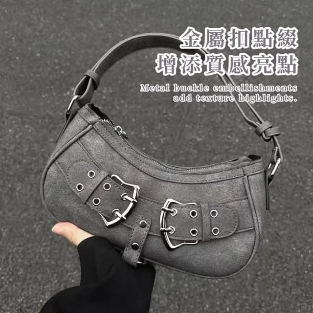【穿搭配件】復古美式特殊色金屬扣單肩包(可調節 滑順拉鍊 斜跨包 側肩包 女 生日禮物 冷灰 腋