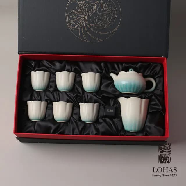 【LohasPottery 陸寶】清荷雅境茶組-碧荷白(窯變釉 一壺一海六杯 茶具組 陶瓷茶器)
