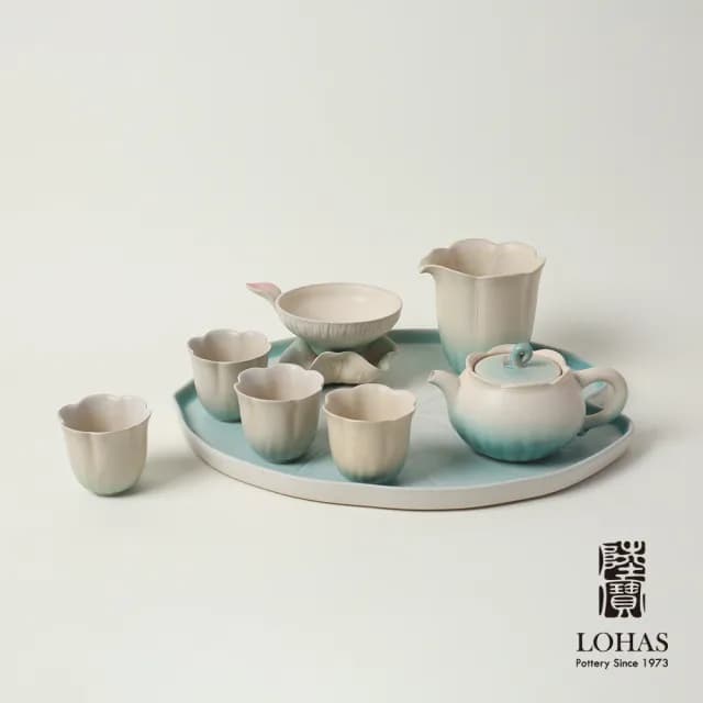 【LohasPottery 陸寶】清荷雅境茶禮-碧荷白(窯變釉 茶具套組 兩件式茶濾 蓮葉茶盤)
