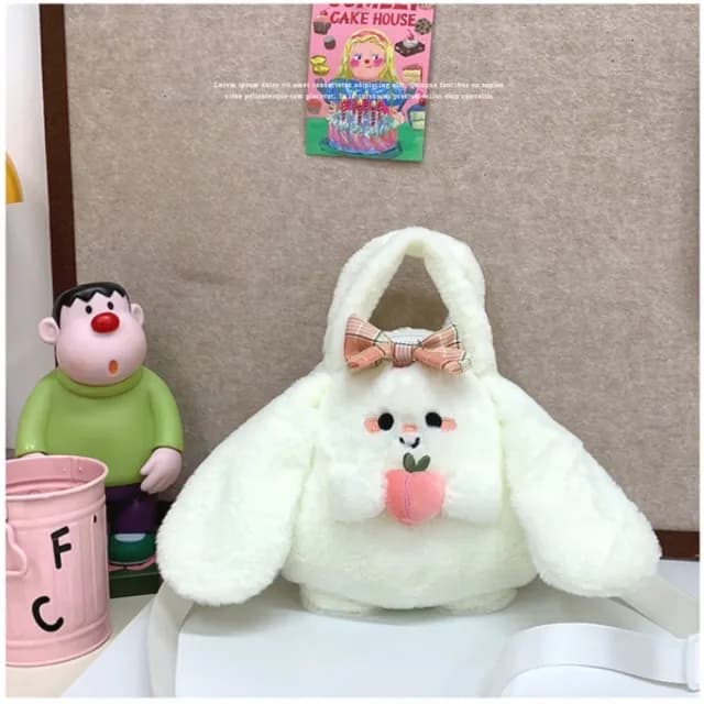 【可愛少女心】手提式兔兔毛絨側背包(手提袋 斜背包 單肩包  造型包包 大容量  禮物 公仔)