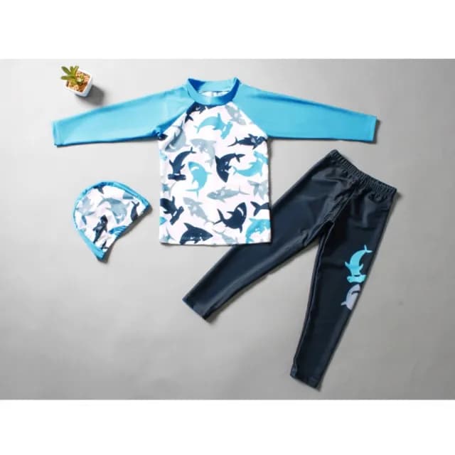 【橘魔法】鯊魚滿印插肩防曬長袖泳裝+長褲(二件式 附泳帽 防曬 泳衣 水母衣 水母褲 男童 兒童 童裝)