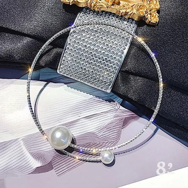 【89 zone】韓版古典珍珠開口頸帶 飾品 鎖骨鏈 毛衣鏈 短款項鏈 項鏈 1 入(銀/金)