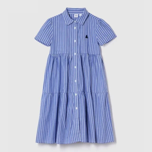 【GAP】女童裝 純棉小熊刺繡翻領短袖牛仔洋裝-藍色條紋(781771)