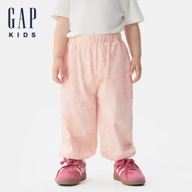 【GAP】女幼童裝 小熊刺繡/印花束口鬆緊棉褲-粉色(767322)