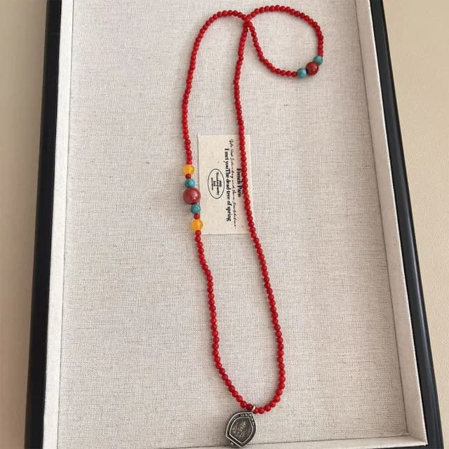 【MoonDy】情人節禮物 項鍊 飾品 女生項鍊 綠松石 蜜蠟 串珠項鍊 手工 復古項鍊 神像 吊墜 毛衣鏈 長鍊 朱