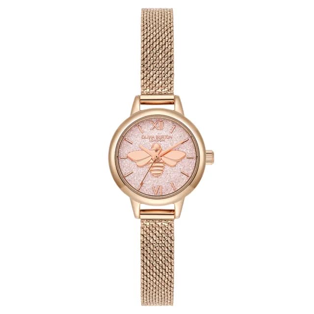 【Olivia Burton】3D Bee系列-3D蜜蜂櫻花粉閃耀面玫瑰金殼帶不鏽鋼米蘭帶腕錶(24000229)