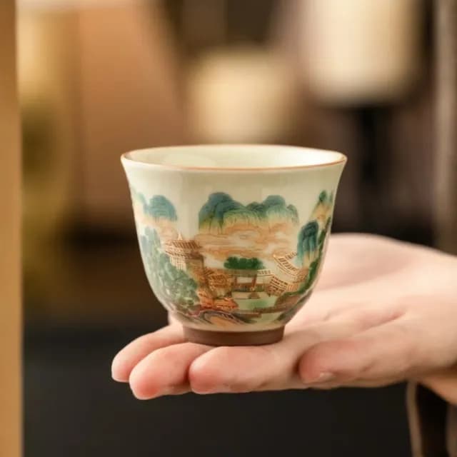 【五彩十】五彩山水聞香陶瓷茶杯(禮盒 功夫茶杯 茶具 陶瓷杯 沖茶 茶器 公道杯 茶藝 露營 旅行 送禮)