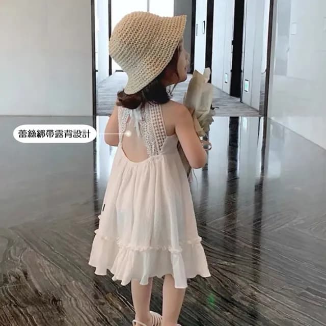 【橘魔法】蕾絲綁帶露背細肩吊帶魚尾洋裝(連身裙 吊帶裙 魚尾裙 女童 兒童 童裝 白色洋裝 大童)