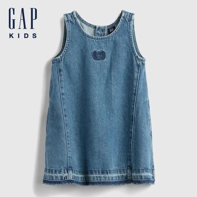 【GAP】女幼童裝 Logo刺繡圓領無袖牛仔洋裝-中度水洗(778359)