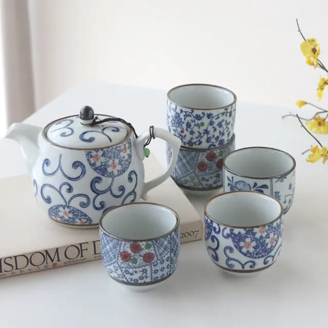 【Just Home】御京繪陶瓷茶具組-1個壺+5個茶杯(490ml 茶具組 泡茶組 茶壺 茶杯)